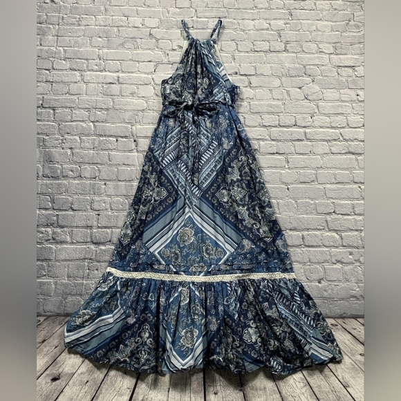 Lucky Brand Women's Halter Neck Flounce Hem Cotton Floral Summer Maxi Dress L - Picture 2 of 8